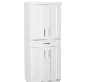 Modern Kitchen Pantry Cabinet Storage With With 4 Doors, Drawer And 3 Adjustable Shelves For Dining Room, White