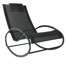 Patio Rocking Chair, Outdoor Chaise Lounger With Headrest Pillow And Breathable Fabric For Backyard, Living Room, Deck And Poolside, Black