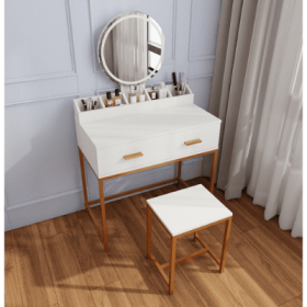 Vanity Set With Mirror And Stool - Makeup Vanity Table With Storage Drawers And Organizer, White And Gold, Space-Saving Design For Small Bedrooms