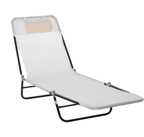Folding Chaise Lounge Chair, Cream White, 5-Level Adjustable With Headrest, Breathable Mesh For Beach & Patio