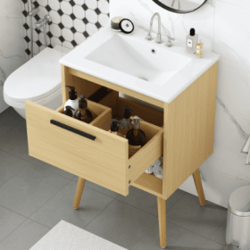 24 Bathroom Vanity With Sink Combo, Multi-functional Bathroom Cabinet With Drawer, MDF Board, Natural