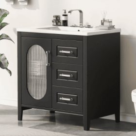 30 Bathroom Vanity With Sink, Bathroom Vanity Cabinet With Two Drawers And Door, Adjustable Shelf, Solid Wood And MDF, Bla