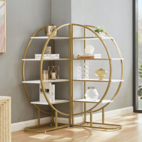 4 Tiers Home Office Open Bookshelf, Round Shape, Different Placement Ways, MDF Board, Gold Metal Frame, Golden