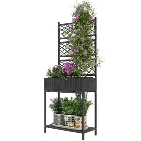 Outsunny Outdoor Wicker Planter with Trellis for Climbing Plants, Freestanding Rattan Garden Box with Storage Shelf, Black