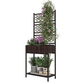 Outsunny Outdoor Wicker Planter with Trellis for Climbing Plants, Freestanding Rattan Garden Box with Storage Shelf, Brown