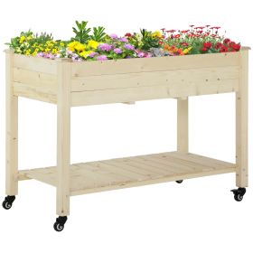 Outsunny Raised Garden Bed Mobile Elevated Wood Planter Box w/ Lockable Wheels, Storage Shelf for Herbs and Vegetables Backyard Patio Balcony Zebrano