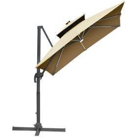 Outsunny 10ft Solar LED Cantilever Umbrella with 360 Rotation and Tilt Khaki for Outdoor Garden Yard