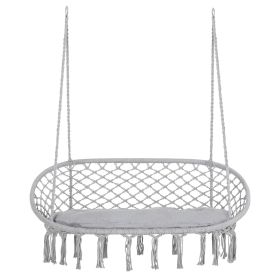 Outsunny Hanging Hammock Chair Cotton Rope Porch Swing with Metal Frame and Cushion, Large Macrame Seat for Patio, Garden, Light Grey