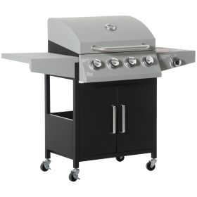 Outsunny 52" Barbecue Grill with Wheels, 4+1 Burner Liquid Propane Gas Grill, Outdoor Cabinet Style BBQ Trolley w/ Side Burner, Warming Rack, Silver