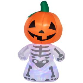 HOMCOM 6ft Halloween Inflatables Smiling Skeleton Ghost with Pumpkin Head Outdoor Decoration with Rotating LED Light