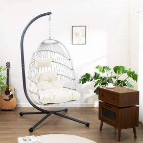 Outdoor Egg Hanging Chair with Stand, Patio Wicker Swing Egg Chair Indoor Swinging Chair Outdoor Hammock Egg Chair Off-white