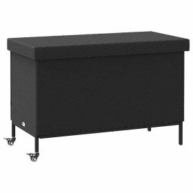 Patio Storage Box with Wheels Black 43.3"x21.7"x28.7" Poly Rattan