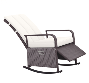 Rattan Wicker Rocking Chair Outdoor Patio Recliner Cream Soft Cushion Adjustable Footrest