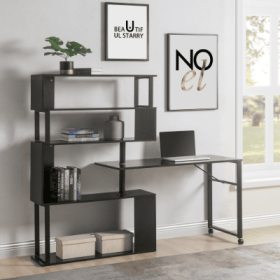 Home Office Computer Desk L Shaped Corner Table, Rotating Computer Table With 5-Tier Bookshelf, Four Installation Methods, Lockable Casters Black