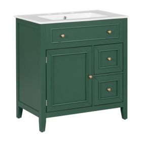 30 Bathroom Vanity With Sink Top, Bathroom Vanity Cabinet With Door And Two Drawers, Solid Wood Frame, One Package, Green