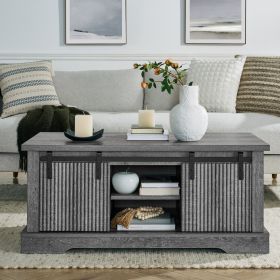 Coffee Table With Storage And Sliding Wood Door, Farmhouse And Industrial Cocktail Table