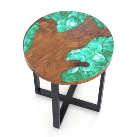 Solid Live Edge Round Teak Wood Outdoor End Table With Epoxy Resin Tabletop