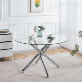 Chrome Dining Table With Metal Leg And Glass,Modern Space Saving Kitchen Table For Living Room,120X120X75CM