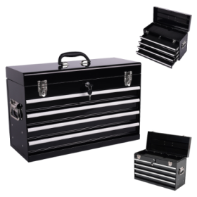 Heavy Duty Metal Tool Box, 21-inch, Portable Metal Tool Box With 4 Drawers, Small Tool Chest With EVA Liners, Ball Bearing Slide Drawers Locking (Option: Black)