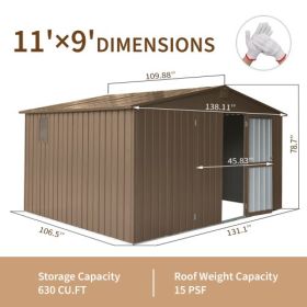 Storage Shed 11x 9 With Galvanized Steel Frame  Windows, Outdoor Garden Shed Metal Utility Tool Storage Room With Lockable Door For Patio  Dark G (Color: Brown)