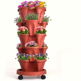 16 Pieces 5-Layer Stackable Flower Pots Vertical Garden Flowers Herbs Strawberry Vegetables Durable Plastic With Mobile Wheels Indoor And Outdoor (Color: Brown)