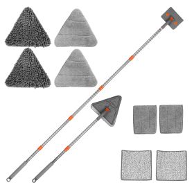 1Set 2 In 1 Baseboard Cleaner Mop Wall Cleaner Mop With Squeegee Extendable Long Handle 8 Reusable Fiber Flannel Chenille Mop Pads 360 Rotatable (Color: Grey)