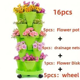 16 Pieces 5-Layer Stackable Flower Pots Vertical Garden Flowers Herbs Strawberry Vegetables Durable Plastic With Mobile Wheels Indoor And Outdoor (Color: Green)