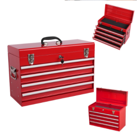 Heavy Duty Metal Tool Box, 21-inch, Portable Metal Tool Box With 4 Drawers, Small Tool Chest With EVA Liners, Ball Bearing Slide Drawers Locking (Option: Red)