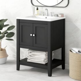 24 White Modern Sleek Bathroom Vanity Elegant Ceramic Sink With Solid Wood Frame Open Style Shelf (Color: Black)