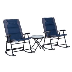 3 Piece Blue Rocking Bistro Set  Patio Chairs   Glass Coffee Table (Color: Blue)