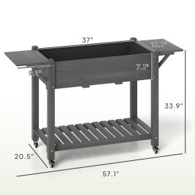 Wood Raised Planter Box, Elevated Garden Bed With Lockable Wheels, Side Tables, Bottom Shelf, Drain Holes, Gray (Option: Gray)