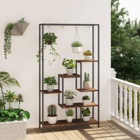 6-Tier Tall Plant Stand 71 Inch Metal Indoor Plant Shelf With 10 Hanging Hooks (Option: Rustic Brown)