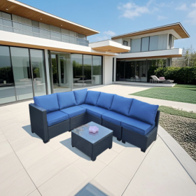 Seven-Piece Sofa Set Table With Sofa Chair Black PE Rattan Outdoor Furniture 7-JH001 Box 3-1-2-3 With Blue Color Cushion (Color: Black)