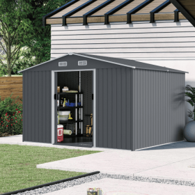 Outdoor Storage Shed 8 X 10 FT Large Metal Tool Sheds  Heavy Duty Storage House With Sliding Doors With Air Vent For Patio Lawn To Store Bikes To (Color: Grey)